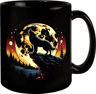 Produktbild von Heulender Wolf in der Nacht Tasse schwarz in Schwarz