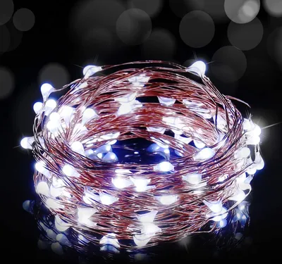 A coiled string of white LED lights with copper wire.