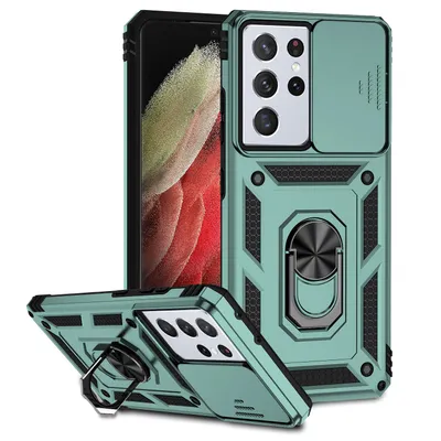 Immagine prodotto di Custodia per Samsung Galaxy S21 Ultra 5G a doppio strato con copertura scorrevole della fotocamera e supporto ad anello verde