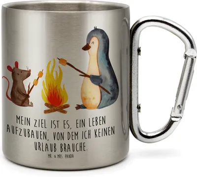 Produktbild von Mr. & Mrs. Panda Thermobecher Pinguin Lagerfeuer - Transparent - Geschenk, Pinguine, Campingbecher, Teebecher, Teetasse, Isolierbecher, Maus, Job, Marshmallows, Arbeit