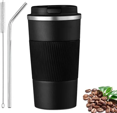 Obrázek produktu pro Termohrnek, 13oz neklouzavý cestovní hrnek z nerezové oceli s brčkem a nylonovým štětinovým kartáčkem, nepropustný cestovní hrnek s víkem Coffee-to-go Mug, černý, 3, 380 ml