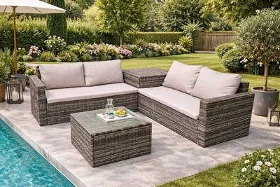 Produktbild von Polyrattan Lounge-Set mit Kissenbox inkl. Gasdruckfeder Sitz- und Rückenkissen