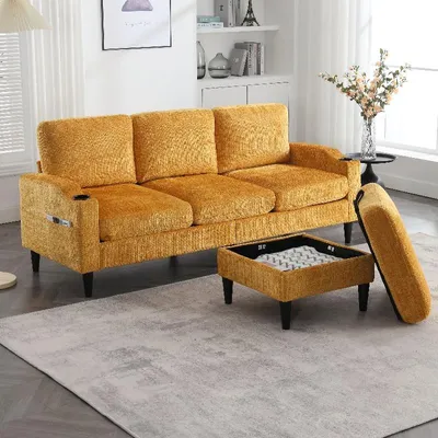 Produktbild von 4-Sitzer Sofa mit Hocker, Chenille Sofa mit Stauraum im Hocker, Getränkehaltern und Seitentaschen, gelbes Wohnzimmer Sofa 196.5x75x77cm