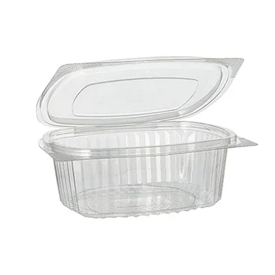Produktbild von 50 Feinkost- und Salatschalen mit Klappdeckel, R-PET oval 500 ml 5,5 cm x 12,4 cm x 15 cm klar