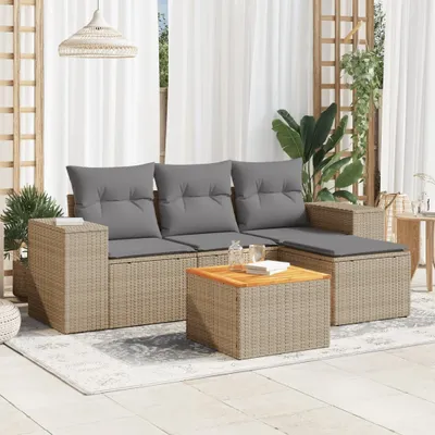 Produktbild von Design 5-tlg. Garten-Sofagarnitur mit Kissen Beige Poly Rattan, Gartenmöbel-Sets 2024 Neu