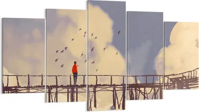 Produktbild von Bild auf Leinwand - Leinwandbild - Wolken Brücke Vögel Landschaft - 160x85cm - Wand Bild - Wanddeko - Leinwanddruck - Bilder - Kunstdruck - Wanddekoration - Leinwand bilder - Wandkunst - EA160x85-3200