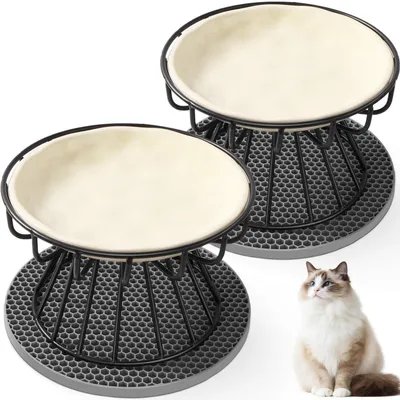 Immagine prodotto di Set di ciotole per gatti, 2 pezzi, rialzate, in Vetroceramica, con supporto in metallo e tappetino in silicone, colore beige