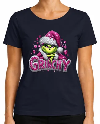 Produktbild von Grinchy Weihnachten Pink Glitzer Bling Glam Frech Xmas Diamant Damen T-Shirt, Navy, S