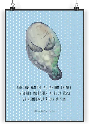 Produktbild von Mr. & Mrs. Panda Bild Seekuh Happy DIN A3 - Blau Pastell - Geschenk, Freundin, Liebeskummer, Kunstdruck, wandkunst, Neustart, Wandbild, Respekt, Achtsamkeit, Meer, poster
