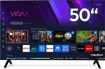 A television screen displaying a smart TV interface with various app icons and movie posters.