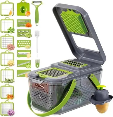 Produktbild von Zweizug-Salatmaschine, 22-teilig, Salatmaschine mit 13 austauschbaren Messern, multifunktionale Schneidemaschine, Salatschleuder für das Schaben von Salaten und Früchten, Zwiebeln