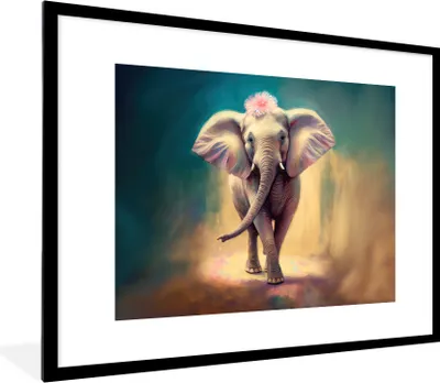 Produktbild von MuchoWow® Gerahmtes Poster Elefant - Tiere - Malen - Blumen - Porträt 80x60 cm - Poster mit Schwarzem Bilderrahmen Wandposter Rahmen Foto Bilder - Schlafzimmer-Dekorationen - Fotoposter