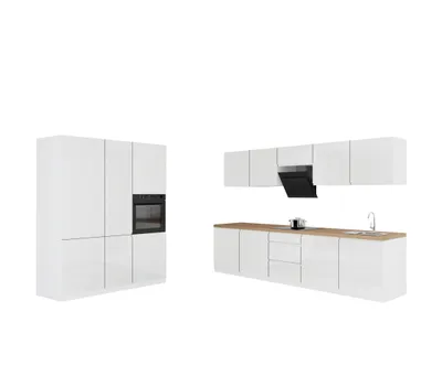 Produktbild von Küchenzeile 300 cm x 160 cm Einbauküche Stilvolle Küchenzeile ohne E-Geräten Küchenblock, Aspen KA25-M300 Weiß/Hochglanz