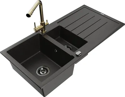 Image de Mexen Andres évier en granit 1,5 bac avec égouttoir et mitigeur Duero, Noir/Or - 6515-75-671600-50-B