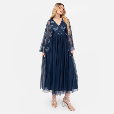 Produktbild von Maya Deluxe Damen Midikleid, Damenmodell mit V-Ausschnitt, lange, weite Ärmel im "Engel"-Schnitt und Paillettenbesatz
