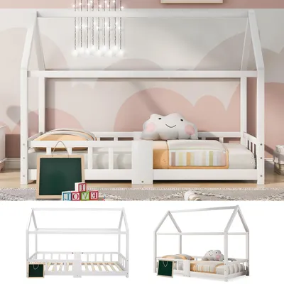 Image de Lit en forme de maison 90 x 200 cm, lit d'enfant en pin massif, lit en bois avec sommier à lattes, panneau de protection et barrière de sécurité, stable et silencieux, blanc