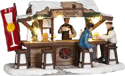 Productafbeelding van Luville Kerstdorp Miniatuur Schnaps Markt - Kerstversiering met Verlichte Schnapskraam - Guirlande voor je Kerstdorp - Kerstslingers met Proostende Figuren - L16 x B8 x H9 cm