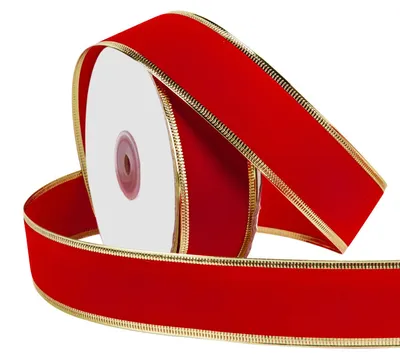 Weihnachts-Drahtband, Samt, Rot mit Goldrändern, 38 mm x 22 m