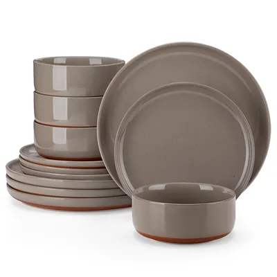 Image de Service de table en céramique stoneware, 12 pièces, set de vaisselle pour 4 personnes, assiettes plates, assiettes à dessert et bols, brun