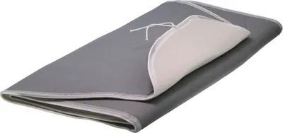 A folded gray ironing board cover with a beige inner lining is shown on a white background.