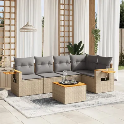 Produktbild von Design 6-tlg. Garten-Sofagarnitur mit Kissen Beige Poly Rattan, Gartenmöbel-Sets 2024 Neu