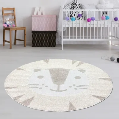 Produktbild von „High Low“ Kinderzimmer Teppich mit Katzenmotiv in creme braun Größe - 80 cm Rund
