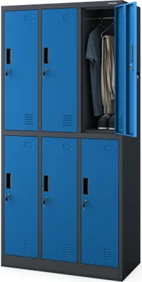 A metal locker with six compartments, one of which is open showing clothes and shoes inside.