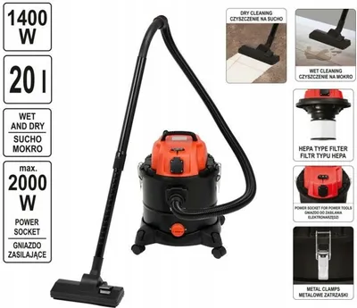 Zdjęcie produktu dla Odkurzacz do cząstek stałych i płynów, 1400 W, pojemność 20 litrów, odkurzacz przemysłowy, odkurzacz wielofunkcyjny
