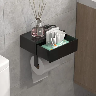 Produktbild von Toilettenpapierhalter Ohne Bohren, Klopapierhalter Mit Feuchttücherbox Klorollenhalter mit Schublade Ablage Papier Halterung für Wc & Bad-Wandhalterung(Matt-schwarz)