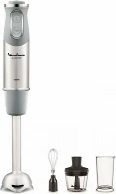A Moulinex hand blender and its accessories are displayed against a white background.