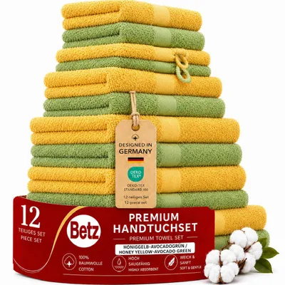 Produktbild von Betz 12-tlg. Handtuch-Set PREMIUM 2 Duschtücher 4 Handtücher 2 Gästetücher 2 Seiftücher 2 Waschhandschuhe  Farbe:  honiggelb / avocadogrün