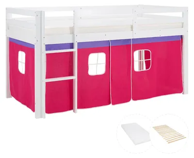 Produktbild von Homestyle4u Hochbett 90x200 Kinder mit Lattenrost mit Matratze Standard 100 Vorhang Rosa Pink Mädchen Kinderbett Weiß Holz Rausfallschutz