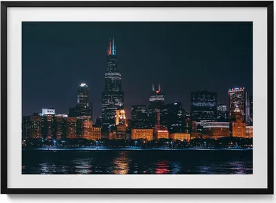 Produktbild von Stadtbild Chicago– Wandbild mit Rahmen – Gerahmtes Bild  – Wanddekoration – 100x70 cm –  Schwarz Rahmen