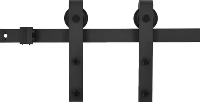 A black metal sliding door hardware set is shown against a white background.