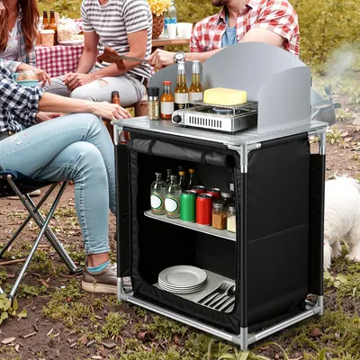 Immagine prodotto di Izrielar 80 x 76 x 56 cm Cucina da campeggio con piano in alluminio e paravento – Cucina da esterno pieghevole per campeggio, giardino e camper