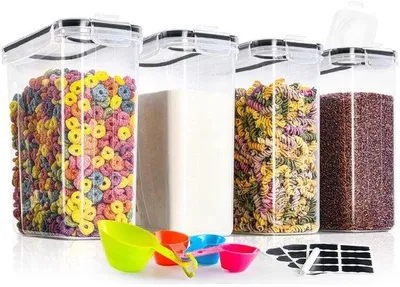 Immagine prodotto di Contenitori in plastica ermetici - Set da 4 - Contenitori per la conservazione degli alimenti - Adatti per pasta, riso, cereali, farina e mangimi per animali - Riutilizzabili - Set da 4
