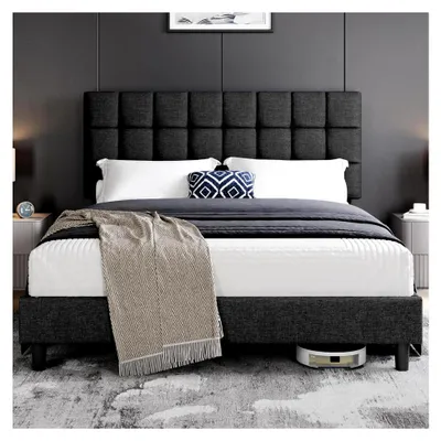 Produktbild von Polsterbett 160 x 200 cm Doppelbett mit höhenverstellbarem Kopfteil, stabiler Bettrahmen, Stoffbett mit Lattenrost, gepolstertes Bettgestell, dunkelgrau