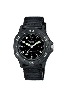 A black Lorus sports watch with a black fabric strap against a white background.