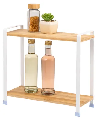 Image de Étagère à épices Eluno, étagère de cuisine en bambou et métal blanc