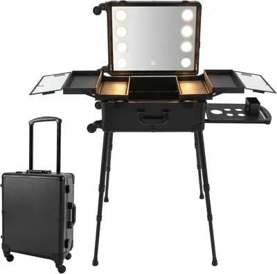 Produktbild von Schminkkoffer auf Rollen - Reise Beauty Trolley - Höhenverstellbare Beine - 8 LED-Lichter - Integrierter Spiegel - PVC - Schwarz