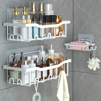 Immagine prodotto di mensola da doccia nera in 3 pezzi con porta shampoo in acciaio inox - organizzatore per il bagno con portasapone e ganci