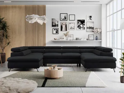 Produktbild von Wohnzimmersofa U-form, Eckcouch, Schlaffunktion und Bettkasten - PETER U - Velvet - Schwarz