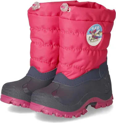 A pair of pink and gray winter boots for children.
