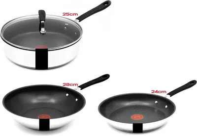 A set of three Tefal Jamie Oliver cookware items: a lidded saucepan, a wok, and a frying pan, displayed against a white background with size indicators.