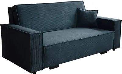 A blue sofa with a corduroy texture is shown from a diagonal angle against a white background.