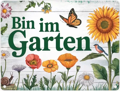 Produktbild von Bin im Garten Metallschild in 15x20 cm mit Schmetterling und Blumen