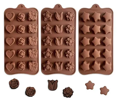 Immagine prodotto di Set di 3 stampi in silicone per cioccolato, ideale per preparare praline e dolci, adatto a bambini e adulti. Dimensioni: 21x10,5x1,6 cm