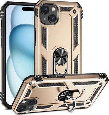 Produktbild von Schutzhülle für iPhone 15, Dual Layer Militäre Fallschutz Hülle mit Ringhalterung Ständer für iPhone 15 Gold