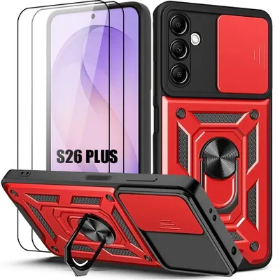 Image de Coque + 2 Verres Trempés pour Samsung Galaxy S26 Plus, avec Protection Caméra et Anneau - Rouge