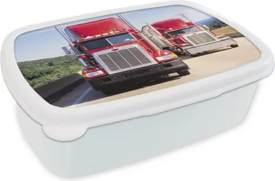 Produktbild von KitchenYeah® Lunchbox Brotzeit Brotdose 17x11 cm Rote Lastwagen auf der Autobahn Kinder Brotzeitdose - Lunch Box - Kinder - Sandwich-Box - Schulbox - Lunch Boxen
